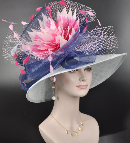 Wide Brim Sinamay Derby Hat: Powder Blue, Fuchsia Feather Flower