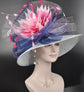 Wide Brim Sinamay Derby Hat: Powder Blue, Fuchsia Feather Flower