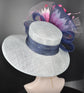 Wide Brim Sinamay Derby Hat: Powder Blue, Fuchsia Feather Flower