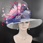 Wide Brim Sinamay Derby Hat: Powder Blue, Fuchsia Feather Flower