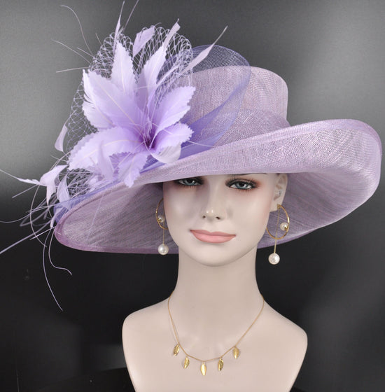 Lilac Derby Hat: Feather Flower Royal Ascot Sinamay Hat