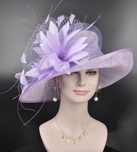 Lilac Kentucky Derby Hat: Feather Flower Royal Ascot Sinamay Hat