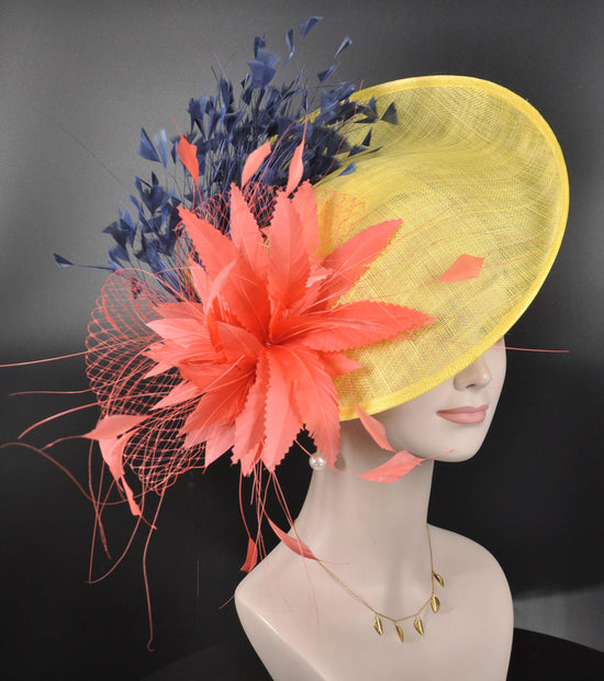 Yellow Sinamay Fascinator Hat: Coral Feather Flower, Kentucky Derby