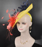 Yellow Sinamay Fascinator Hat: Coral Feather Flower, Kentucky Derby