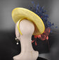 Yellow Sinamay Fascinator Hat: Coral Feather Flower, Kentucky Derby