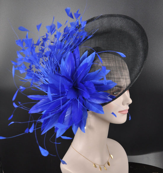 Black Sinamay Fascinator Hat: Royal Blue Feather Flower, Kentucky Derby