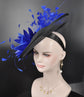 Black Sinamay Fascinator Hat: Royal Blue Feather Flower, Kentucky Derby
