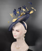 Navy Blue w Gold Feather Flowers Fascinator Hat Kentucky Derby Hat Tea Wedding Party Hat