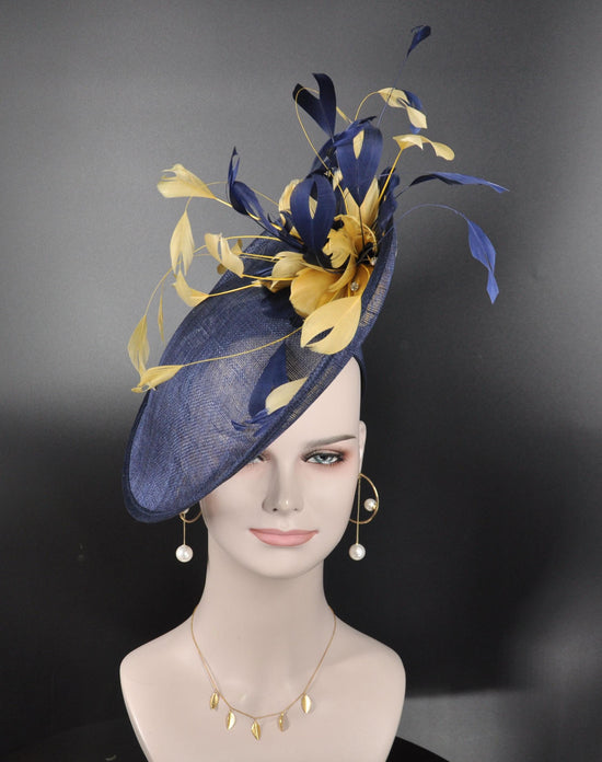 Navy Blue w Gold Feather Flowers Fascinator Hat Kentucky Derby Hat Tea Wedding Party Hat