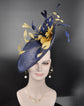 Navy Blue w Gold Feather Flowers Fascinator Hat Kentucky Derby Hat Tea Wedding Party Hat