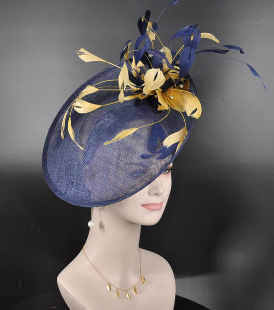 Navy Fascinator Hat with Gold Feather Flowers - Kentucky Derby, Wedding