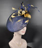 Navy Blue w Gold Feather Flowers Fascinator Hat Kentucky Derby Hat Tea Wedding Party Hat