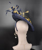 Navy Blue w Gold Feather Flowers Fascinator Hat Kentucky Derby Hat Tea Wedding Party Hat
