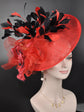 Red Fascinator Hat: Black Feather & Silk Flower, Kentucky Derby