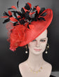 Red Fascinator Hat: Black Feather & Silk Flower, Kentucky Derby