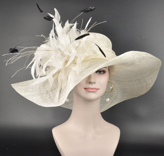 Ivory Sinamay Kentucky Derby Hat: Feather Flower Wide Brim