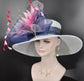 Wide Brim Sinamay Derby Hat: Powder Blue, Fuchsia Feather Flower