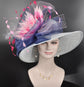 Wide Brim Sinamay Derby Hat: Powder Blue, Fuchsia Feather Flower