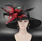 Wide Brim Kentucky Derby Hat, Ascot Hat for Wedding & Tea Party, Garden Party Hat, Mother of the Bride, Church Black W Red