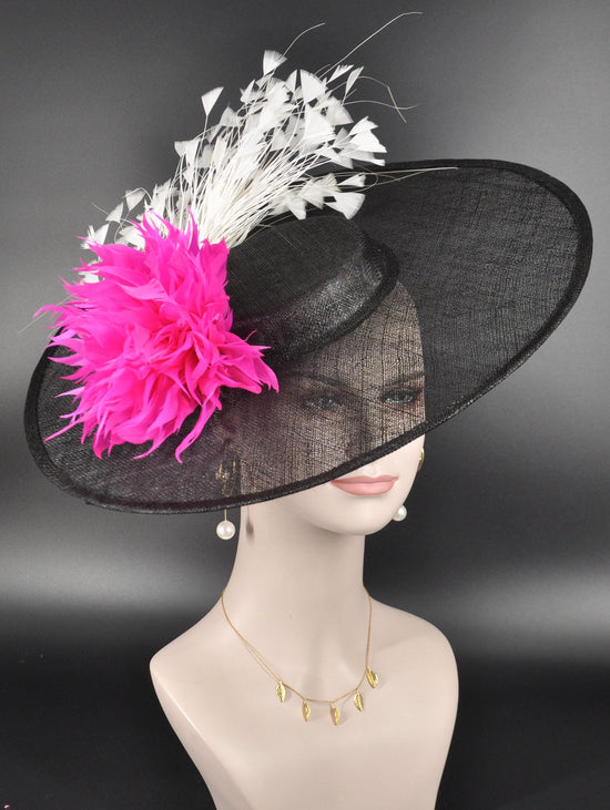 Wide Brim Kentucky Derby Fascinator  Hat, Ascot Hat for Wedding & Tea Party, Garden Party Hat, Mother of the Bride, Church Black  Pink White
