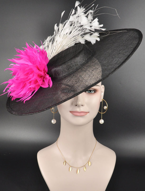 Sinamay Kentucky Derby Hat: Black Fascinator with White & Fuchsia Feathers
