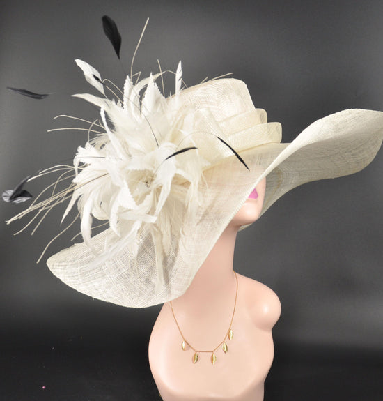 Ivory Sinamay Derby Hat: Feather Flower Wide Brim