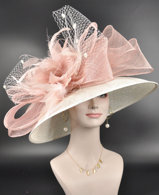 Ivory Sinamay Kentucky Derby Hat: Blush Pink Feather Flowers & Bows