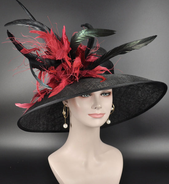 Wide Brim Kentucky Derby Hat, Ascot Hat for Wedding & Tea Party, Garden Party Hat, Mother of the Bride, Church Black W Red