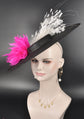 Sinamay Kentucky Derby Hat: Black Fascinator with White & Fuchsia Feathers
