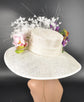 Ivory Sinamay Kentucky Derby Hat: Wide Brim, Lily & Orchid Flowers