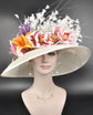 Ivory Sinamay Kentucky Derby Hat: Wide Brim, Lily & Orchid Flowers