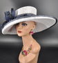 Church  Kentucky Derby Hat Carriage Tea Party Wedding Wide Brim Woman’s Royal Ascot Hat in Solid Sinamay Hat  White w Navy Blue