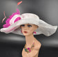 White w Fuchsia Coral Pink Jumbo Silk Flower, Kentucky Derby hat, Church hat, Wedding hat, Tea Party hat ,Floppy Wide Brim Sinamay Dress Hat