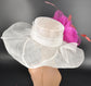White w Fuchsia Coral Pink Jumbo Silk Flower, Kentucky Derby hat, Church hat, Wedding hat, Tea Party hat ,Floppy Wide Brim Sinamay Dress Hat