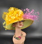 Wide Brim Sinamay Kentucky Derby Hat: Green, Yellow, Pink Feather Flowers