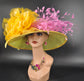 Wide Brim Sinamay Kentucky Derby Hat: Green, Yellow, Pink Feather Flowers