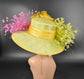 Wide Brim Sinamay Derby Hat: Green, Yellow, Pink Feather Flowers