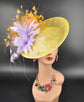 Yellow Sinamay Fascinator Hat: Lavender & Orange Feather Flowers