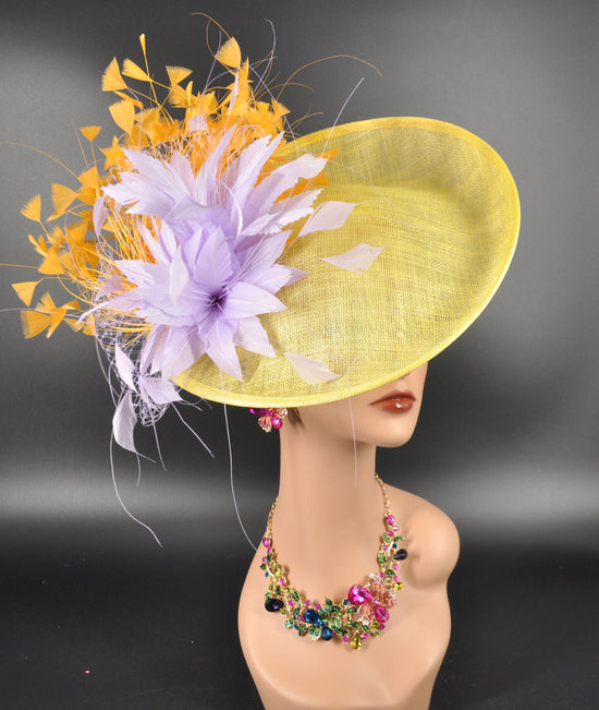Yellow Sinamay Fascinator Hat: Lavender & Orange Feather Flowers