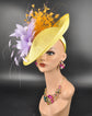 Yellow Sinamay Fascinator Hat: Lavender & Orange Feather Flowers