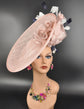Blush Pink Sinamay Fascinator Hat: Feather Flower, Royal Ascot Headwear