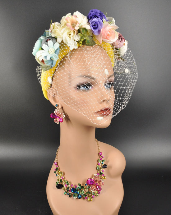 Floral Rose Derby Hat: Yellow, Ivory, Pink Wedding Crown