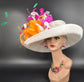Wide Brim Sinamay Derby Hat: Fuchsia, Pink & Orange Feather Church Hat