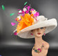 Wide Brim Sinamay Derby Hat: Fuchsia, Pink & Orange Feather Church Hat