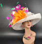 Wide Brim Sinamay Derby Hat: Fuchsia, Pink & Orange Feather Church Hat