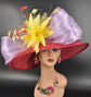 Wide Brim Sinamay Derby Hat: Red, Lavender, Yellow Silk Abaca Bows