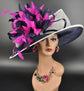 Navy & Fuchsia Pink Derby Hat: Wide Brim Sinamay Feather Church Hat