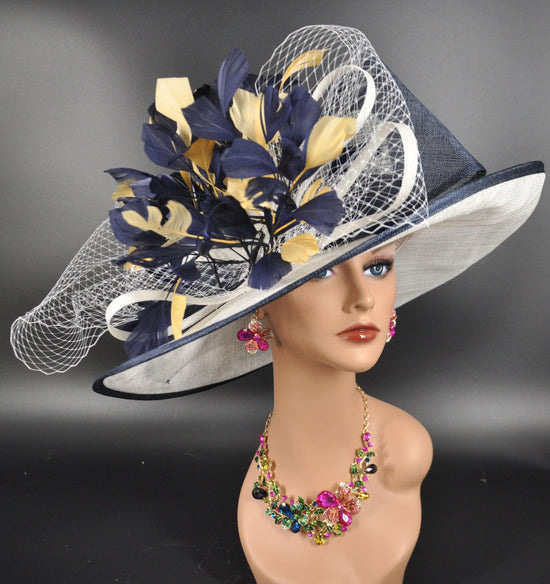 Sinamay Derby Hat: White, Navy Blue & Gold Feathered Church Hat