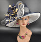 Sinamay Kentucky Derby Hat: White, Navy Blue & Gold Feathered Church Hat