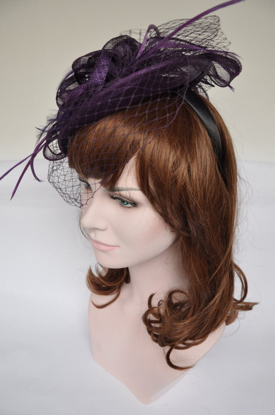 Fancy Sinamay Feathers Trio Floral Net Headband Fascinator Cocktail Hat Purple Derby Hat